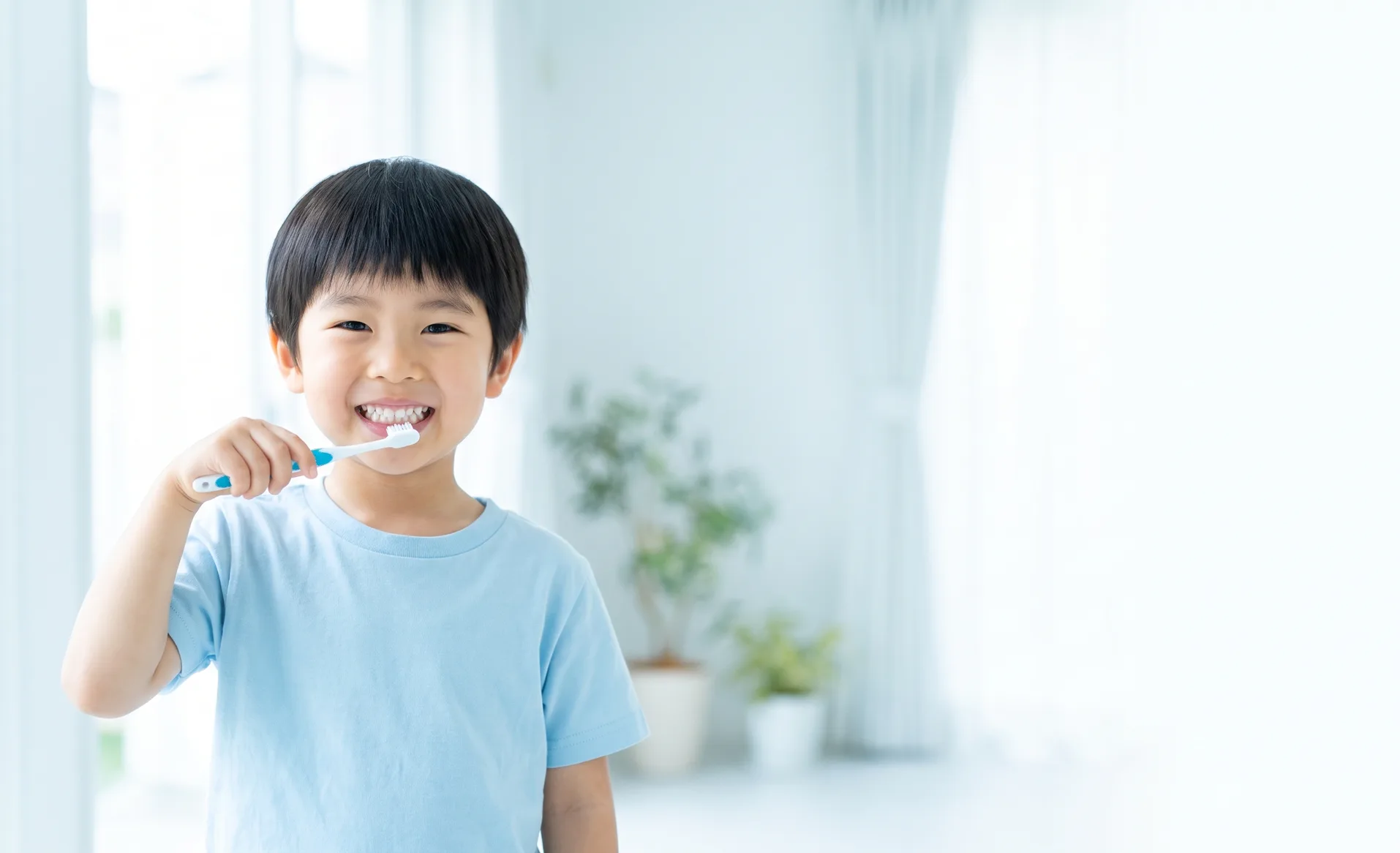 歯ブラシを持って笑顔の男の子（イメージ）